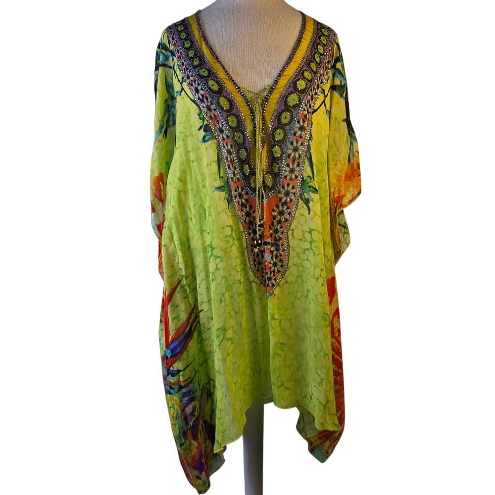 Soft Surroundings Kaftan Tunic S/M Sheer Boho Rhinestone Embellished Coverup